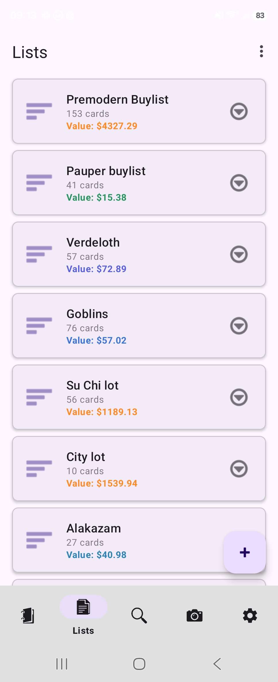 Lists screen showing buylists and deck lists with card counts and values